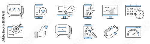 SMM doodle icons speech bubble with stars, smartphone and like button, pc with megaphone, mobile with target on screen, computer display with graph, calendar, thumb up, Line art vector signs set