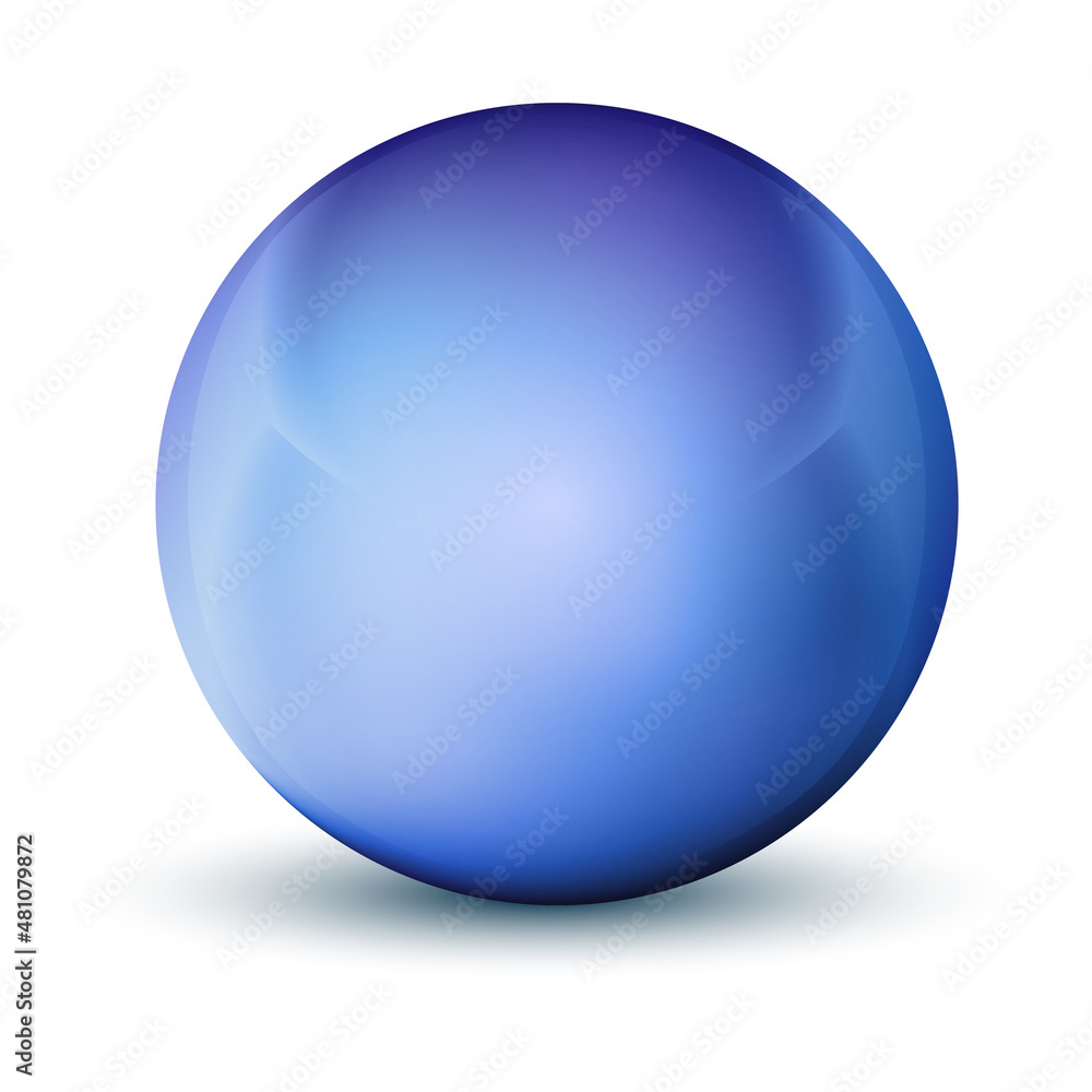 Fototapeta premium Glass blue ball or precious pearl. Glossy realistic ball, 3D abstract vector illustration highlighted on a white background. Big metal bubble with shadow