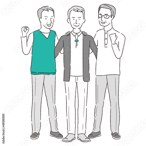 手描き1color 　3人の男性シニア　ガッツポーズ　全身