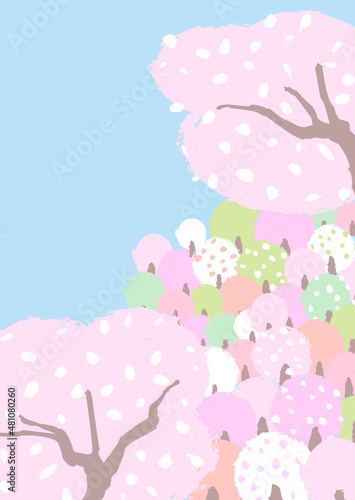 桜咲く山の風景　ほっこり、はんなりとしたやさしい色使いの背景イラスト