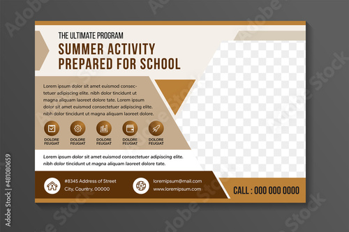 the ultimate summer program activity flyer design template use horizontal layout. multicolored brown background combined with white. hexagon shape for space of photo collage.