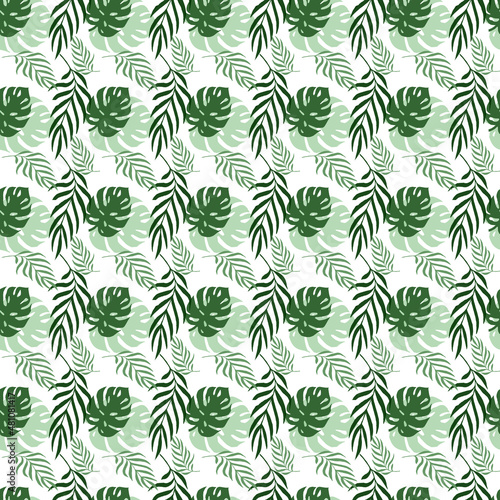 Tropical floral foliage palm leaves seamless pattern white. Exotic jungle wallpaper.