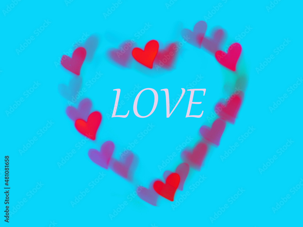 Love text writting in red hearts bokeh in heart shape romance frame isolated on blue background. Valentine's day14th February holyday, anniversary or wedding greeting card, invitation, wallpaper