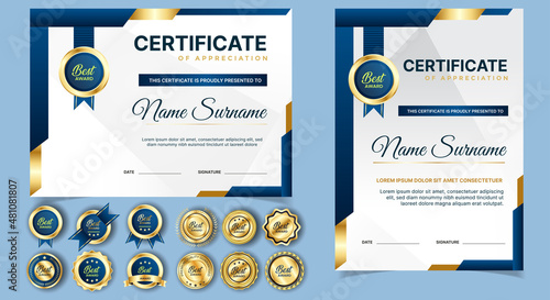 Certificate of appreciation template, gold and blue color. Clean modern certificate with gold badge. Certificate border template with luxury and modern line pattern. Diploma vector template