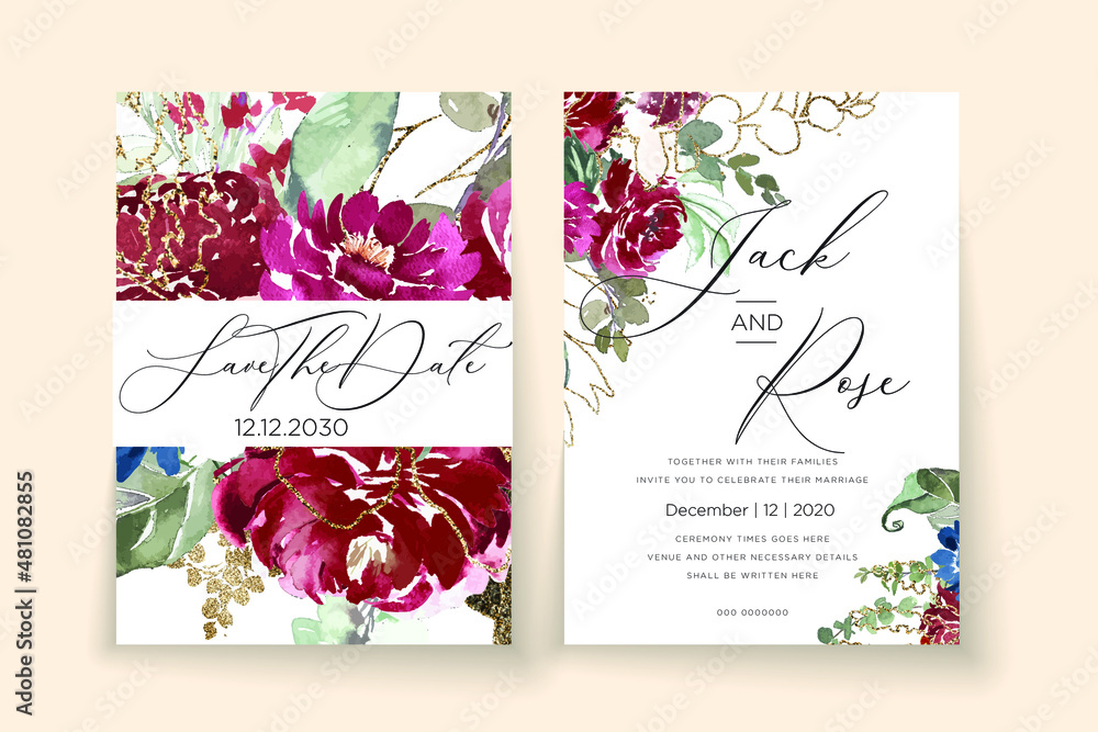 Burgundy Watercolor Floral Wedding Cards Template 