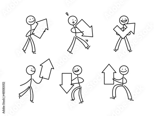 シンプルな棒人間のイラストセット　矢印を持つ