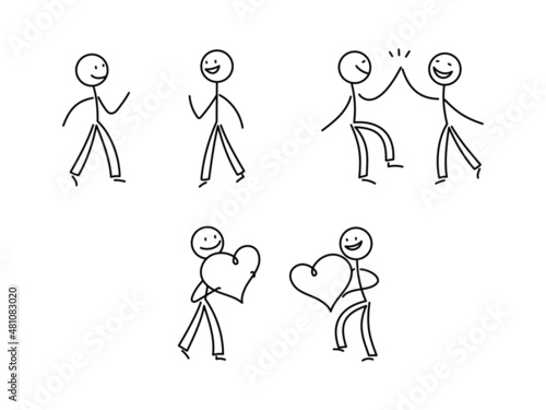 シンプルな棒人間のイラストセット　出会い　ハイタッチ