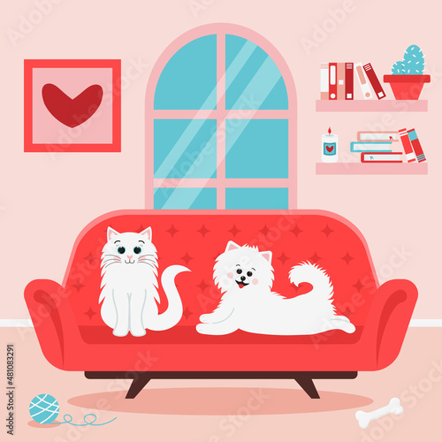 Cute white cat and spitz dog on the sofa. Fluffy pets in the living room. Acceptance, love for domestic animals, pet friendship, cozy home interior.