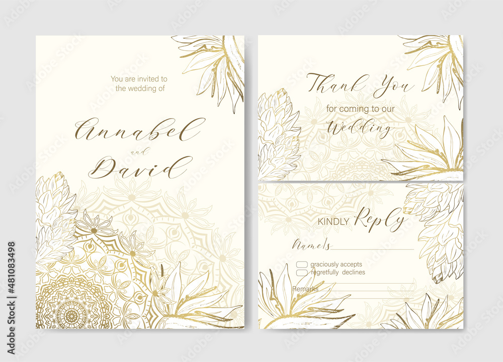 Elegant wedding invitations set with golden flowers and mandala.