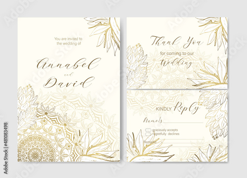 Elegant wedding invitations set with golden flowers and mandala.