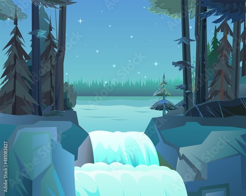 Smooth landscape with waterfall out of lake among rocks. Pine forest. Cascade shimmers downward. Water flowing. Nighttime dark time. Nice cartoon style. Flat design. Vector