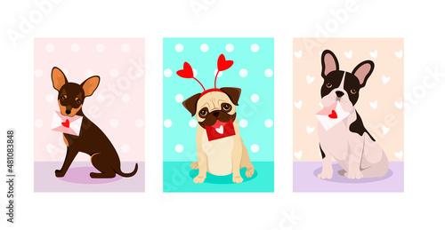 A set of postcards with cute dogs for Valentine's Day. Cartoon design.
