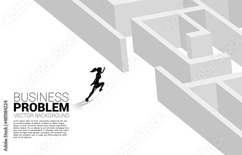 Silhouette of businesswoman running to enter to maze. Business concept for problem solving and solution strategy
