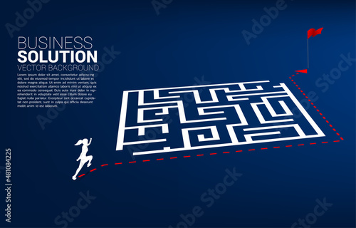 Silhouette of businesswoman with route path go around the maze to goal. Business concept for problem solving and finding idea.