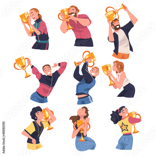 People Winner Character Holding Golden Cup as Trophy and Award Vector Illustration Set