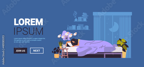 tired woman sleeping in bed with alarm clock girl dreaming and counting sheep living room interior horizontal