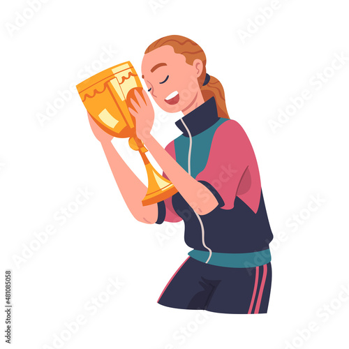 Woman Winner Holding Golden Cup as Trophy and Award Vector Illustration