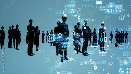 デジタルトランスフォーメーション　多国籍の人々のシルエットとデータ