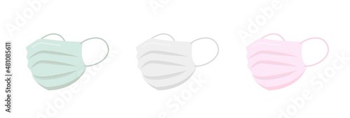 Flat vector cartoon icon of three medical masks to protect against flu vs coronavirus vs pneumonia vs air pollution