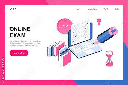 Online exam in mobile smartphone app. Online test, opinion checklist, online education, questionnaire form, survey metaphor, answering internet quiz, homework assignment. Computer test and examination