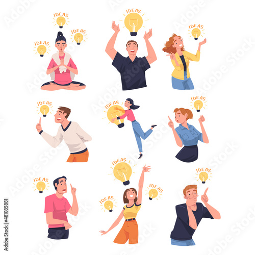 People Character Having Idea with Yellow Light Bulb Shining Vector Illustration Set