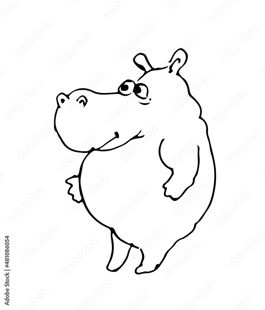 Fat hippo funny. Cheerful wild animal. A comical character. Outline sketch. Hand drawing is isolated on a white background. Vector Fat hippo funny. Cheerful wild animal. A comical character. Outline sketch. Hand drawing is isolated on a white background. Vector