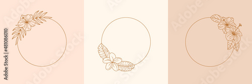 Circle Tropical Frames with Hibiscus and Frangipani Flowers. Vector Monogram in Minimal Linear Style.