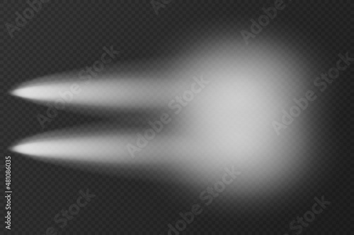 White transparent car headlight top view on dark background. Vector shine beam on night road. Glow effect of LED auto spotlight. Bright vehicle light in nighttime template