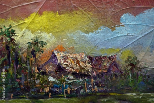  Art painting Oil color Hut northeast Thailand Countryside 