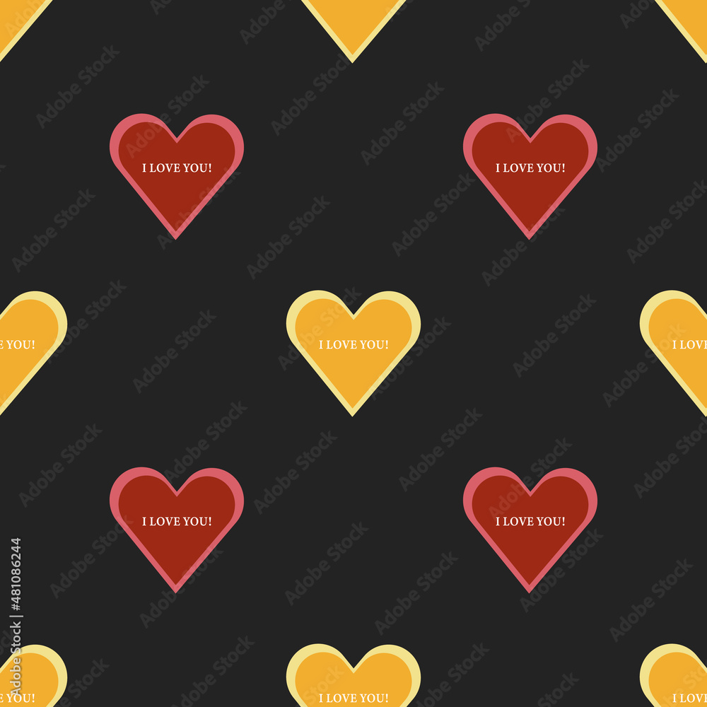 A pattern of red and yellow hearts on a black background