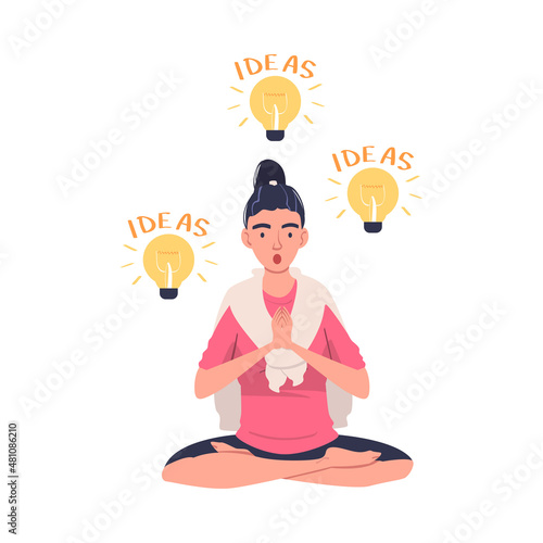 Young Woman in Yoga Pose Meditating with Glowing Light Bulb Flowing Around Having Idea Vector Illustration