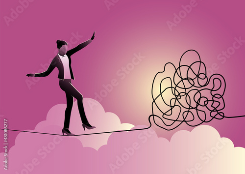 Businesswoman is walking on a tangled messy line