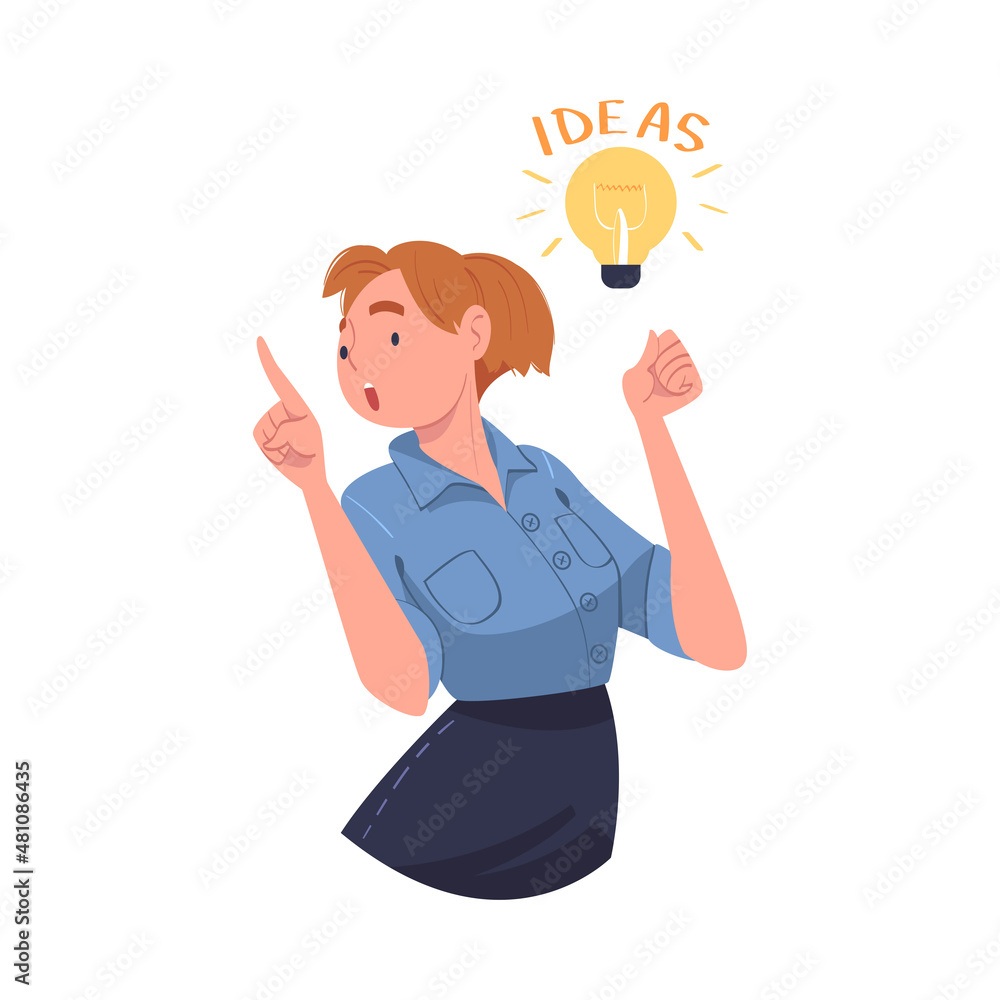Young Woman with Glowing Light Bulb Having Idea Vector Illustration Young Woman with Glowing Light Bulb Having Idea Vector Illustration