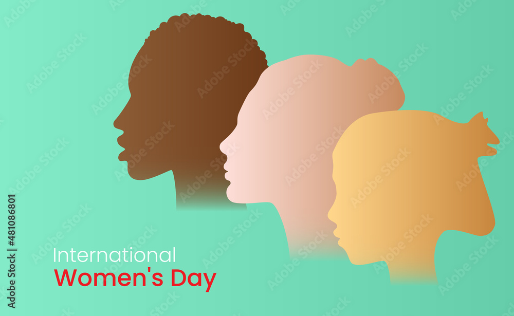 International Women's Day. The contour of the girls' faces. Vector illustration for the holiday in the form of a profile of the face of girls from different continents of the earth.