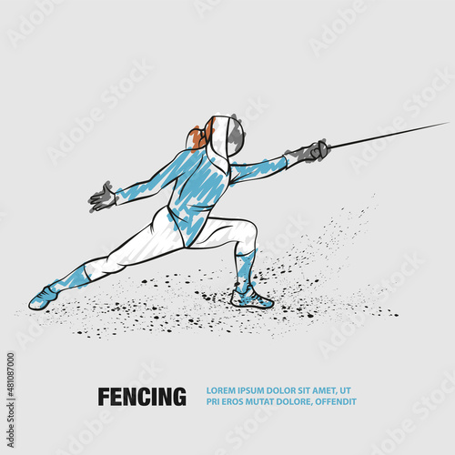 Female fencer in an attacking pose. Vector outline of fencing sport with scribble doodles style drawing.