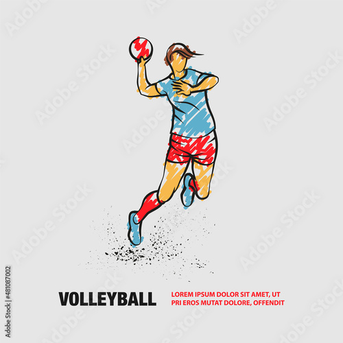 Professional volleyball player jumps and hits the ball. Vector outline of volleyball sport with scribble doodles style drawing.