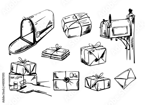 Vintage American mailbox, parcels, letters, postal service in sketch style. Mail delivery. Hand-drawn vector illustration