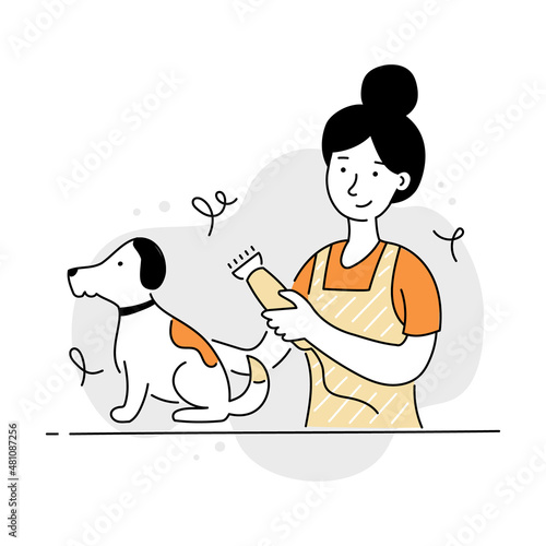 Groomer woman with dog and professional trimmer. Doodle line character icon. Pet grooming vector illustration.