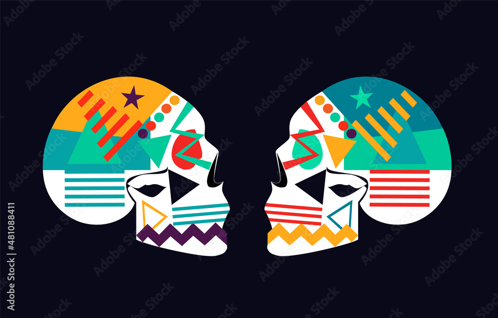Colorful geometric skulls with stars, stripes and zig-zag. Side view. Dark blue background, vector. Colorful geometric skulls with stars, stripes and zig-zag. Side view. Dark blue background, vector.