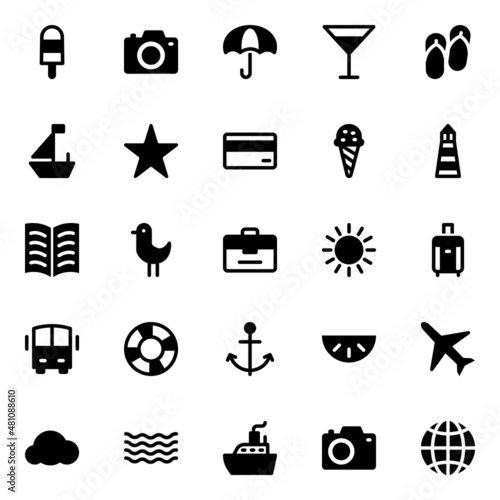 Glyph icons for summer holiday beach tourism travel.