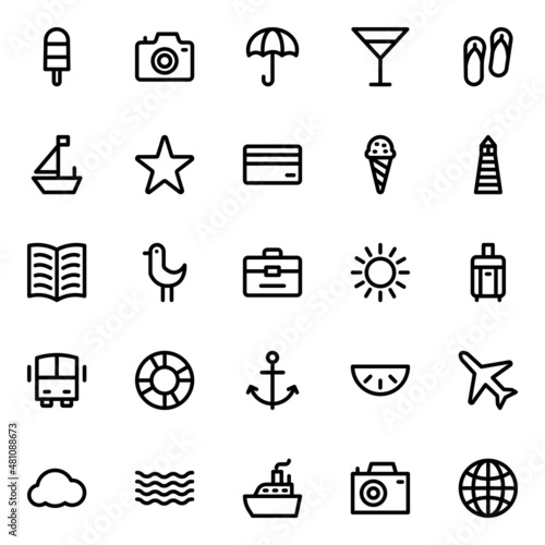 Outline icons for summer holiday beach tourism travel.