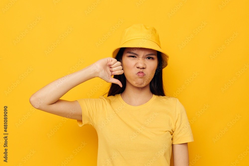 pretty brunette casual wear studio hand gesture isolated background unaltered