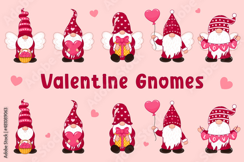 Collection of cute gnomes with hearts. Set of garden gnomes for Valentine's Day. Romantic cute elves. Isolated vector.