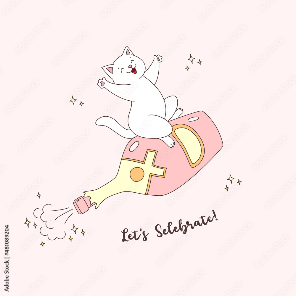 Let's celebrate. Illustration of happy white cat flying on a champagne bottle. Can be used as greeting card, invitation or poster.
