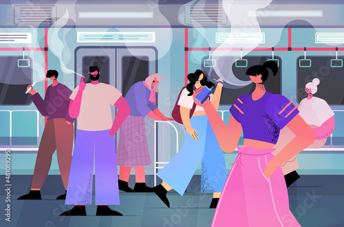 passengers smoking e-cigarettes i subway train bad habits unhealthy lifestyle nicotine addiction concept