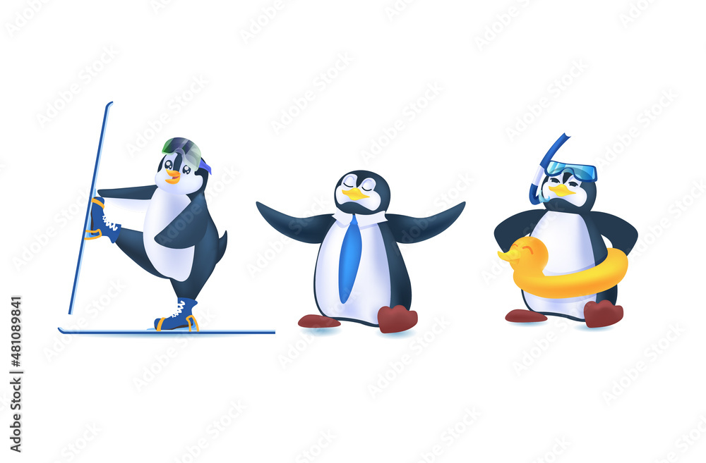 Obraz premium cute penguins animals icons set antarctic birds full length horizontal