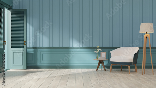 Interior mock up living room with armchair ,TV on cabinet in modern living room with lamp,table,flower and plant on wooden wall background,3d rendering