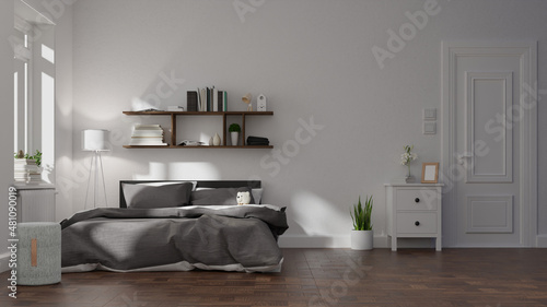Interior mock up living room with armchair ,TV on cabinet in modern living room with lamp,table,flower and plant on wooden wall background,3d rendering © pramote