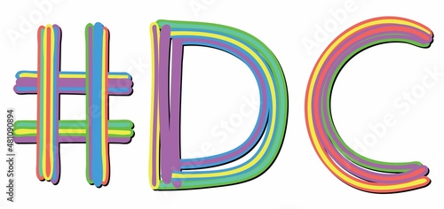 DC Hashtag. Multicolored bright isolate curves doodle letters. Hashtag #DC is abbreviation for the USA state District of Columbia for social network, web resources, mobile apps.