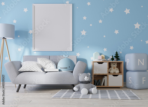Mock up poster frame in modern interior background, living room, Scandinavian style, 3D render